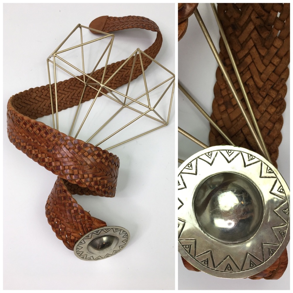 Braided Leather Belt With Silver Medallion Buckle
